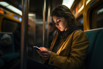 A poignant moment captured on a train journey, as a woman gazes at her phone with a melancholic expression, revealing the emotional impact of our digitally connected yet disconnected world