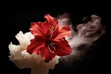 Red Amaryllis Flower, Beautiful Red Lily Flower On A Black Background With White Smoke, Hibiscus Flower Flower With Smoke
