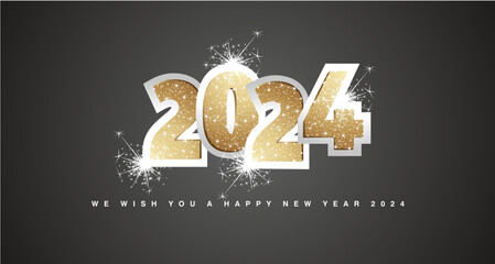 Wall Mural - We wish you a Happy New Year 2024 light golden glitter typography on silver 2024 with sparkle firework. New Year 2024 on black background banner