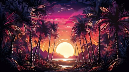 Wall Mural - the sunset over palm trees, water and mountains in the tropical landscape. Fantasy concept , Illustration painting.