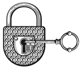 Canvas Print - Vintage lock and key engraving. Hand drawn padlock opening