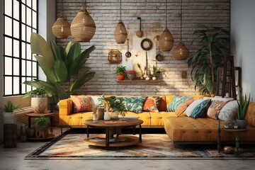 Wall Mural - Modern Bohemian: Illustrate a living room that seamlessly blends modern aesthetics with bohemian flair, combining sleek furniture with eclectic decor and patterns.