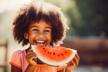 African american girl with afro hair smiling while eating a large slice of watermelon, enjoying juicy seasonal fruit