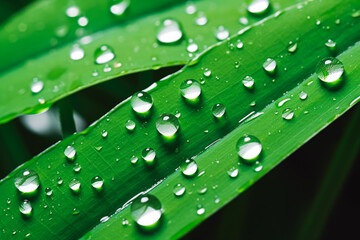 Wall Mural - Beautiful natural dew drop or water drop on fresh grass green leaf, close up, rainy drop on a leaf, a small drop of water, green leaf