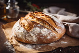 Fototapeta  - Homemade sourdough bread food, photography recipe idea, freshly baked loaf of bread from the oven, home recipe for tasty bread