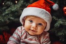 High Angle View Of Caucasian Baby Girl Laying Under Christmas Tree, Lovely Holiday Time, Cute Christmas Photo Shoot For Babies