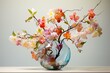 A clear vase holding lively and multicolored blossoms. Generative AI