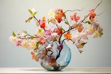 A Clear Vase Holding Lively And Multicolored Blossoms. Generative AI