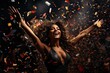 Multiracial young woman on a black sparkling dress celebrating with confetti. New Year's Eve, birthday, celebration, toast concept. Generative AI.