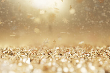 Wall Mural - 3D rendering of lying golden christmas particles and snow crystals. Holiday celebration background