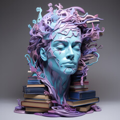 Wall Mural - A mannequin of a beautiful woman with books in shades of blue, purple and grey. A surreal composition about education, reading, knowledge and studying. One peaceful mind, for book lovers.