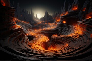 Wall Mural - A dark cave with fire and lava flowing out of it, AI