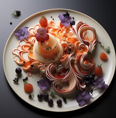 Sticker - A plate with a dessert that has been decorated with swirls, AI