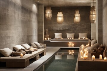 Wall Mural - A spa room with candles and a pool, AI