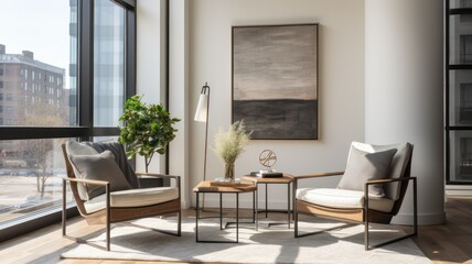 two white chairs and two wooden tables in a modern house created with generative ai