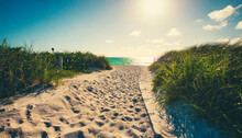 Path On The Sand Going To The Ocean In Miami Beach Florida At Sunrise Or Sunset Beautiful Nature Landscape Retro Instagram Filter For Vintage Looks
