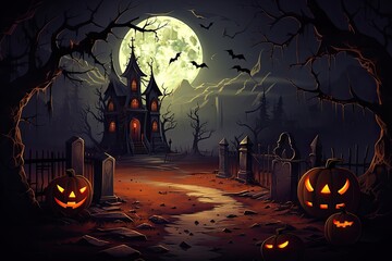 Fototapete - A spooky Halloween background themed 404 Timeout Error webpage design, with vector graphics featuring a haunted house, bats, a full moon, Vector Art, Adobe Illustrator