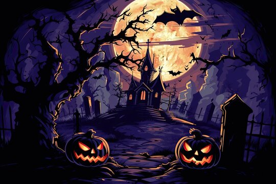 A spooky Halloween background themed 404 Timeout Error webpage design, with vector graphics featuring a haunted house, bats, a full moon, Vector Art, Adobe Illustrator