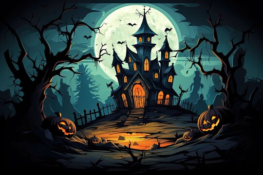 A spooky Halloween background themed 404 Timeout Error webpage design, with vector graphics featuring a haunted house, bats, a full moon, Vector Art, Adobe Illustrator