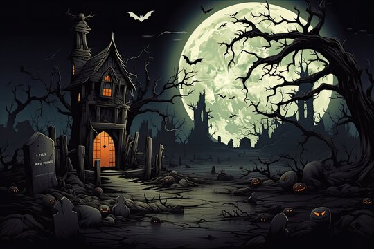 A spooky Halloween background themed 404 Timeout Error webpage design, with vector graphics featuring a haunted house, bats, a full moon, Vector Art, Adobe Illustrator
