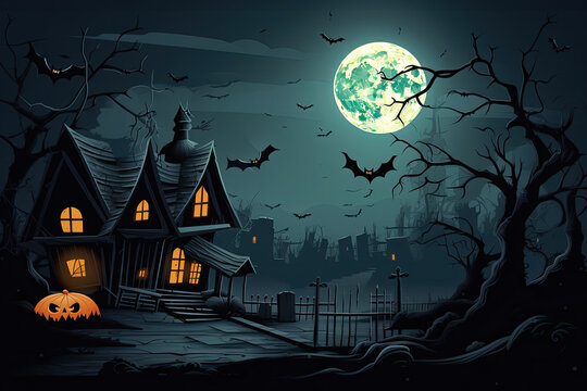 A spooky Halloween background themed 404 Timeout Error webpage design, with vector graphics featuring a haunted house, bats, a full moon, Vector Art, Adobe Illustrator