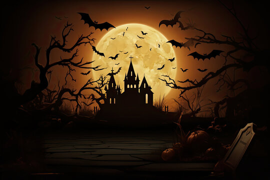 A spooky Halloween background themed 404 Timeout Error webpage design, with vector graphics featuring a haunted house, bats, a full moon, Vector Art, Adobe Illustrator