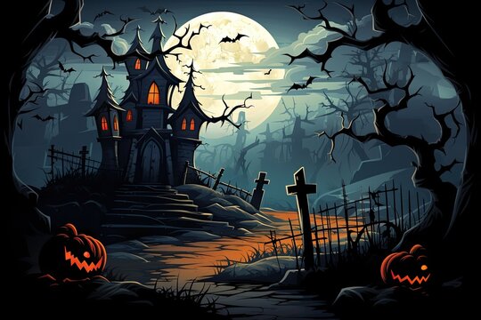 A spooky Halloween background themed 404 Timeout Error webpage design, with vector graphics featuring a haunted house, bats, a full moon, Vector Art, Adobe Illustrator