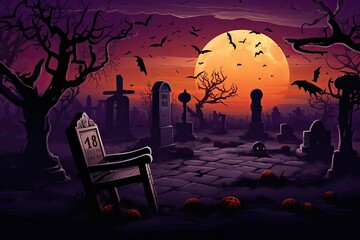 Fototapete - Halloween background design with 404 Timeout Error webpage with a graveyard backdrop, misty atmosphere, and ghostly vector illustrations, Vector Art, using Adobe Illustrator,