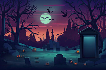 Fototapete - Halloween background design with 404 Timeout Error webpage with a graveyard backdrop, misty atmosphere, and ghostly vector illustrations, Vector Art, using Adobe Illustrator,