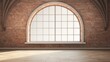 Empty room with arched window and shiplap flooring. Brick wall in loft interior mockup. Studio or office blank space