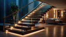 Illuminated Staircase With Wooden Steps And Illuminated At Night In The Interior Of A Large House