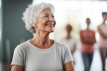 Portrait of a happy senior woman taking park in a yoga or fitness class