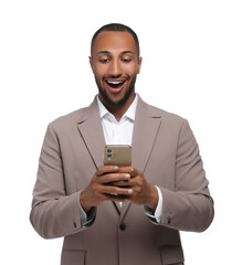 Wall Mural - Happy man sending message via smartphone on white background