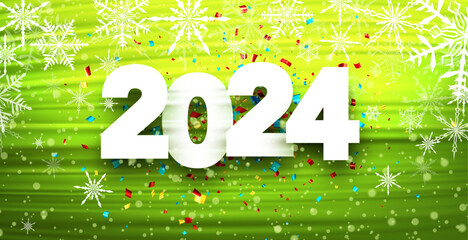 Wall Mural - New Year 2024 poster with white paper numbers on bright green textured background with colorful confetti and snowflakes.