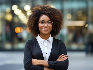 Wall Mural - A cheerful young woman with voluminous curly hair stands in an urban environment. Dressed in professional attire with glasses, she exhibits a sense of self-assuredness.