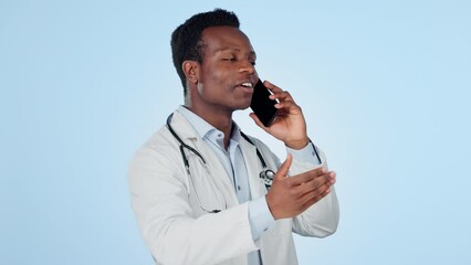 Poster - man, doctor and phone call in studio for consulting, communication or discussion on blue background 