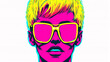 pop art synthwave 80s advertisement of cool person in shades with bleach blond hair