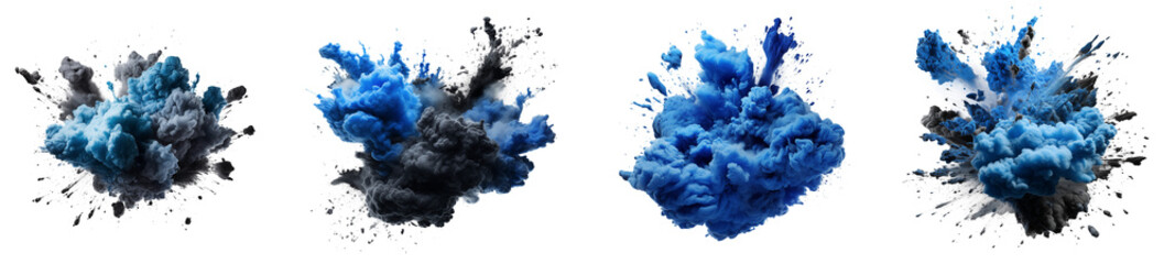 set of powder explosion blue and black ink splashes, colorful paint splash elements for design, isol