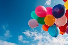 Colorful Balloons Flying In The Blue Sky. Generative AI