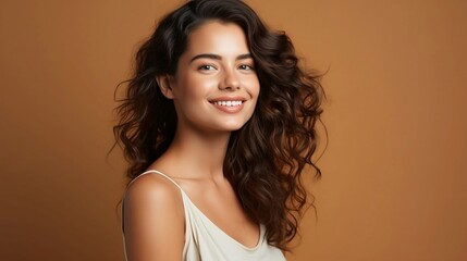 Wall Mural - Happy young curly haired woman with joyful and charming smile on light brown background