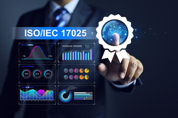 Wall Mural - Businessman pointing on ISO IEC 17025 Laboratory management System with data chart testing result and Calibration measuring instrument assurance certified body to approve certificate on industry