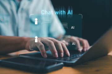 Poster - AI tech Chat with AI, Artificial Intelligence. Man using technology smart robot AI, artificial intelligence by enter command prompt for generates something, Futuristic technology transformation.