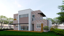 Modern House In The Park, 3d Rendering Of A Luxury Single House In The City