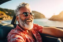 An Exuberant, Bearded Senior Man Relishing A Summer Road Trip In Italy, Embarking On A Luxurious Cabrio Adventure, Living A Life Of Wealth And Freedom.