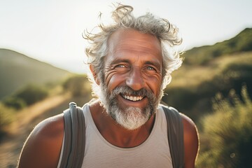 An exuberant, bearded senior man relishing a summer road trip in Italy, embarking on a luxurious cabrio adventure, living a life of wealth and freedom.