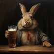 Hoppy Hour: Sophisticated Rabbit Enjoying a Glass of Beer - Perfect for Unique Pub Advertisements, Quirky Wall Art, and Whimsical Beverage Promotions