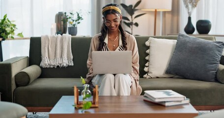 Poster - Remote work from home, internet and woman with a laptop, typing and connection in a living room. Person, freelancer and entrepreneur on a couch, pc and copywriting with editor, writer or website info