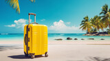 Fototapeta Mapy - Modern bright yellow suitcase by the tropical beach.
