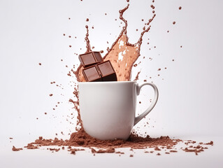 Splash hot chocolate when pieces of chocolate drop into the cup. White background.