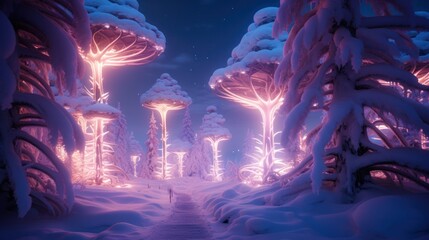 Wall Mural - A path that leads through a snowy winter fantasy park with tall neon mushrooms. AI Generation 